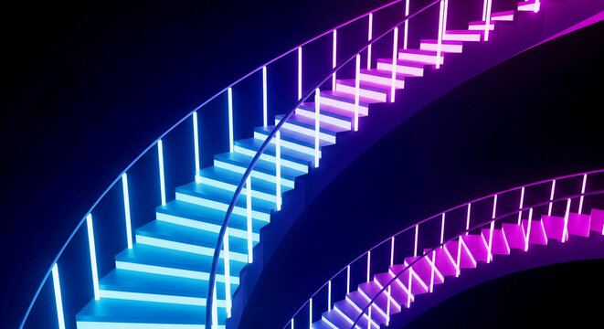 Glowing neon spiral staircases in blue and pink. Futuristic architectural design with vibrant light on a dark background.