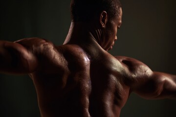 A dancer showcases their powerful physique in a captivating display of grace and strength. The close-up highlights the intricate muscle definition essential for ballet performance at a studio