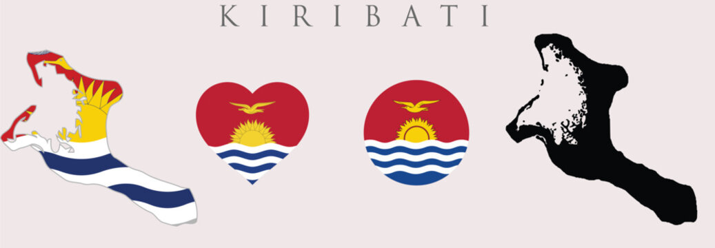 Kiribati flag and map set. Kiribati flag in official colours and proportions, independence day 12 July , map, circle, rectangular, and heart shaped Kiribati. - Powered by Adobe