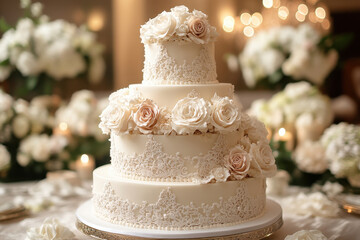 A wedding cake adorned with white flowers.