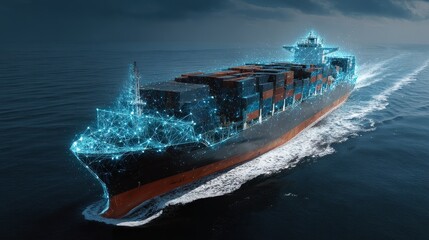 Container ship at sea with digital network links, digital trade network connection concept, global shipping industry. 