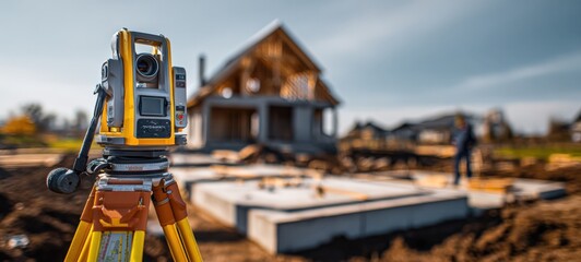 Total Station Surveying Instrument on Construction Site for Land Surveying and Precision Engineering