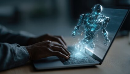 Close-up of hands typing on a laptop; a digital robot image hovers above the keyboard