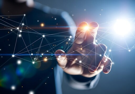 Futuristic hand interacting with a glowing digital network of connections