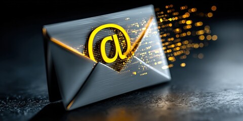 Digital Mail Concept with Glowing Symbol and Particle Stream, Emphasizing Connectivity and Modern Communication