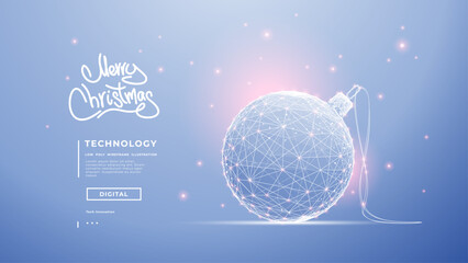 A Christmas ball for decorating Xmas tree. Technology light blue background with low poly wireframe winter holiday vector illustration and pink accent bokeh. Digital New Year ball concept.