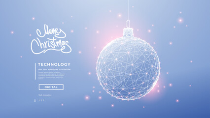 Digital Christmas ball on an elegant light blue background with pink bokeh. Technology and Happy holidays concepts. Xmas tech background. New year tree toy for decoration. Vector illustration