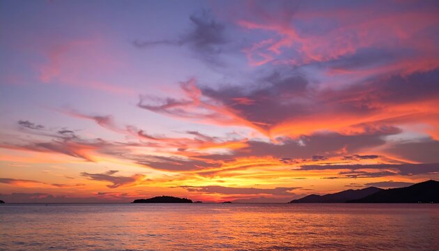 A vibrant sunset paints the sky with fiery hues over a tranquil ocean, showcasing dramatic clouds and silhouettes of distant islands. - Powered by Adobe