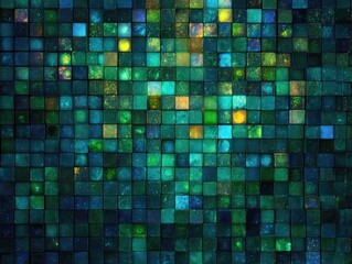 Abstract grid of glowing teal and emerald squares.  Microscopic, colorful cellular data