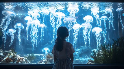 A breathtaking illustration of a child in awe, standing before a large, glowing aquarium filled with luminous orange jellyfish, with a deep blue background