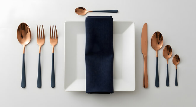 Flat lay of modern copper and navy blue cutlery set