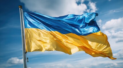 The flag of Ukraine flutters against a backdrop of clouds, symbolizing hope for a cessation of hostilities and peace agreements in Europe. Optimism surrounds potential resolutions for 2025 and 2026