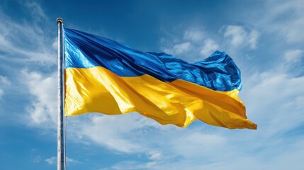 The blue and yellow flag of Ukraine waves proudly against a clear blue sky, representing the nation's quest for peace and a future without war as discussions for an armistice continue