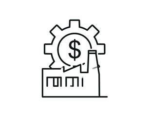 Simple line art of a factory with a dollar sign and gear