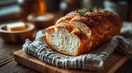 Golden loaf of freshly baked bread, a culinary delight on wood cutting board