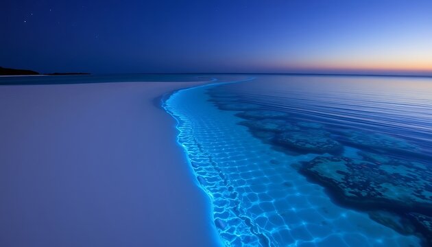 Bioluminescent waves glowing on a tranquil sandy beach