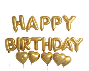 Golden happy birthday balloon letters and heart balloons floating against a black background design element