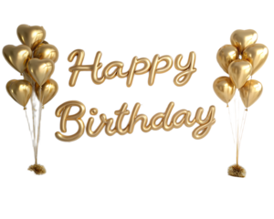 Golden happy birthday balloon letters with heart balloons on stands against a black background scene