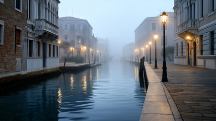 Naklejka premium Misty Venetian Canal with Soft Light Reflection