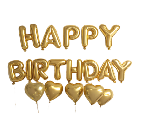 Golden happy birthday balloon letters and heart balloons floating against a black background design element