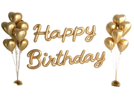 Golden happy birthday balloon letters with heart balloons on stands against a black background scene