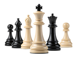 A collection of chess pieces including pawns bishop king and queen arranged against a black background