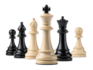 A collection of chess pieces including pawns bishop king and queen arranged against a black background