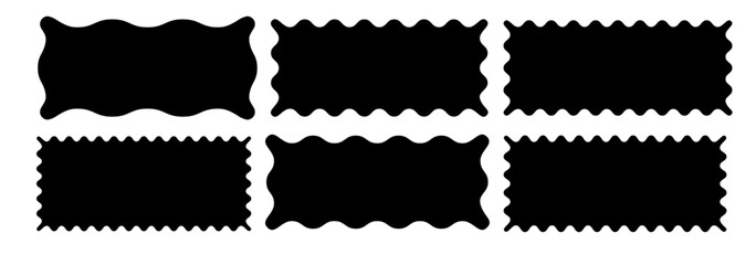 Black and white wavy rectangle frames. Curved borders of tags, labels, stamps, coupons with wavy edges. Isolated vector set on white background. Minimalistic flat design.