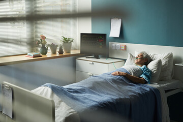 Senior Caucasian woman lying in hospice bed, connected to medical monitor, resting with eyes closed...
