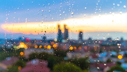 Fototapeta premium Rainy sunset cityscape view through window