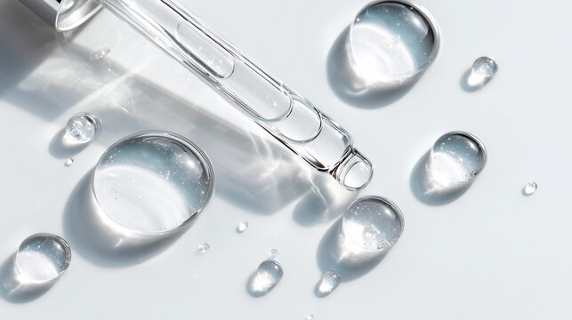 glass pipette with serum drop on light background with soft sunlight and shadows