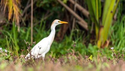 A white bird with a light orange beak stands amidst lush green vegetation, its posture suggesting watchful alertness.