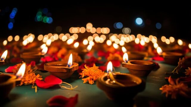 Illuminated Clay Diyas and Orange Flowers on Teal Table with Bokeh Lights for Diwali Celebration Festive Brightness Warmth