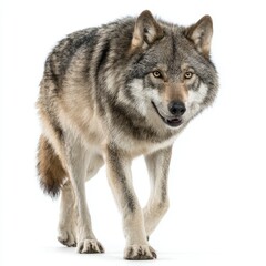 Obraz premium A majestic wolf confidently strides forward, exuding power and intensity. Its piercing gaze commands attention