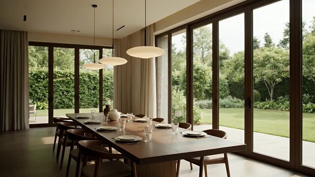 A modern dining room with a long wooden table, chairs, and large windows overlooking a lush green garden.