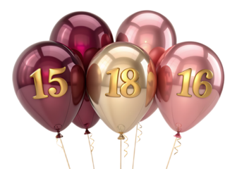 Assorted balloons with golden numbers fifteen eighteen and sixteen for birthday celebration decoration party