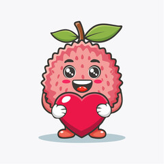 Adorable kawaii lychee fruit mascot character smiling and hugging a love heart symbol. Cute tropical fruit cartoon vector illustration.
