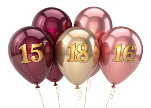 Assorted balloons with golden numbers fifteen eighteen and sixteen for birthday celebration decoration party - Powered by Adobe