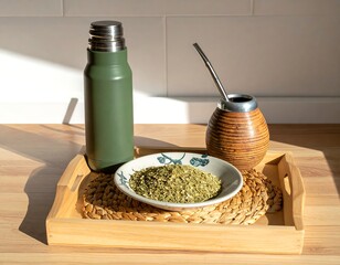 Traditional Yerba Mate Setup with Thermos and Gourd.