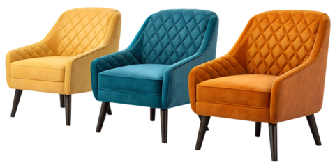 A trio of elegant armchairs in mustard teal and orange velvet with diamond stitching and dark legs