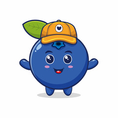 Fototapeta premium Cute blueberry fruit character mascot with a happy smile wearing a yellow baseball cap. Adorable kawaii food cartoon vector illustration isolated.