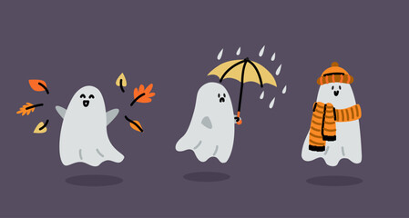 Cartoon ghosts with autumn leaves, umbrella with raindrops, and wearing hat and scarf on dark background. Seasonal holiday illustration. Halloween and autumn weather concept.