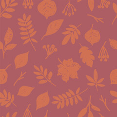 Seamless pattern with various autumn leaves and berries silhouettes. Botanical hand drawn illustration.