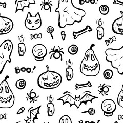 Black and white Halloween pattern with hand drawn pumpkins, ghosts, bats, bones, spiders, cats, and candles. Halloween celebration.