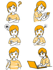 色々な表情の若い女性のシンプルでおしゃれな線画イラストセット（オレンジ）