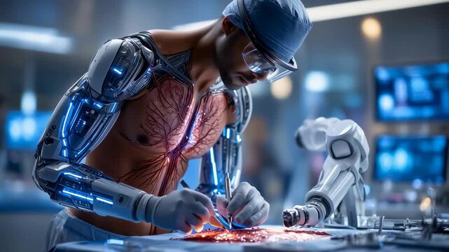 Futuristic Black male cyborg surgeon performing high-tech robotic surgery in operating room. Concept of advanced medical technology, AI in healthcare, and human-machine integration