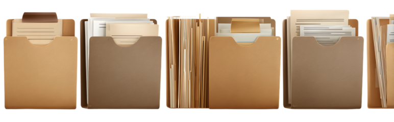 Set of Organized Brown File Folder with Documents on Transparent Background