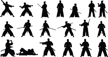 WebMartial arts silhouettes, combat poses, sword, staff, unarmed, vector, black, technique, defense, strike, training, discipline