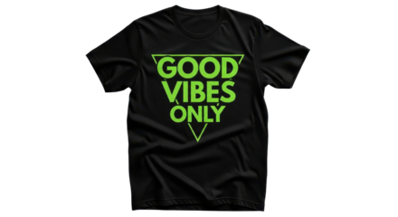 Black t-shirt with Good Vibes Only neon green graphic print isolated PNG with Transparent Background