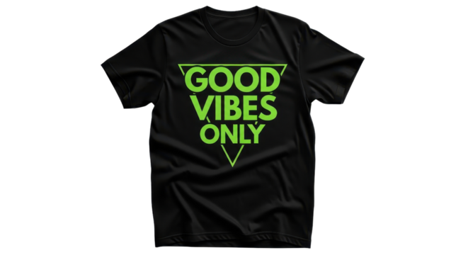 Black t-shirt with Good Vibes Only neon green graphic print isolated PNG with Transparent Background